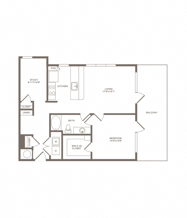 Floor plan for 1 bed, 1 bath, 995 sqft